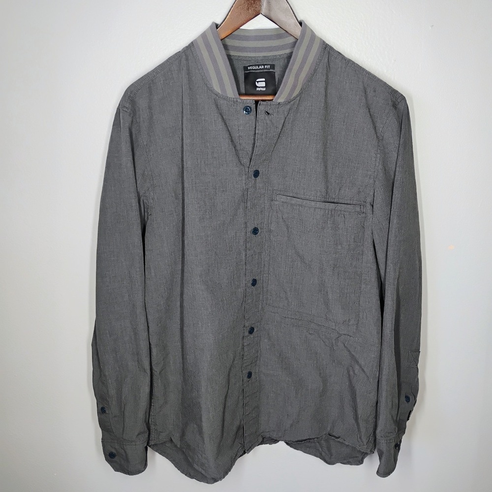 G-Star Raw Mens Regular Fit Shirt Gray Lg Long Sleeve Button Down Bomber Collar